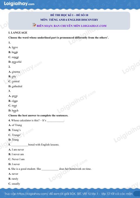 Đề thi học kì 1 Tiếng Anh 6 English Discovery - Đề số 10